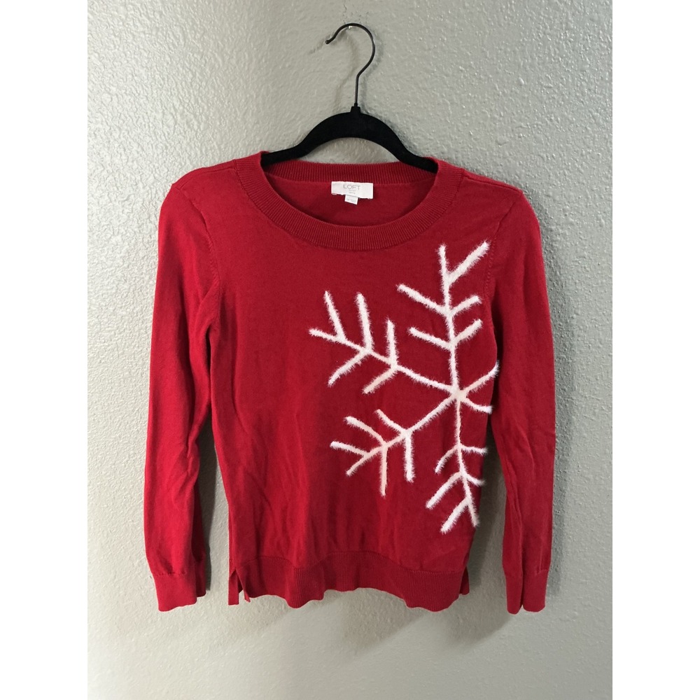 LOFT Outlet Petite Red Snowflake Sweater Crewneck Festive Holiday Cotton SP